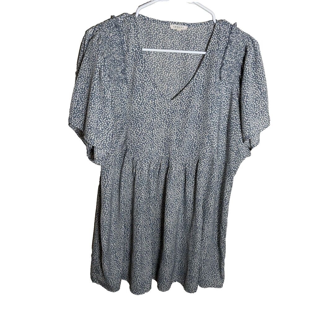 Jodiful Blouse Women's Medium V-Neck Short Sleeve Printed Blue Casual Top